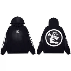 Hellstar Black Pullover Hoodie With Sleeve Script & Back Circular Icon Graphic Streetwear Hooded Sweatshirt