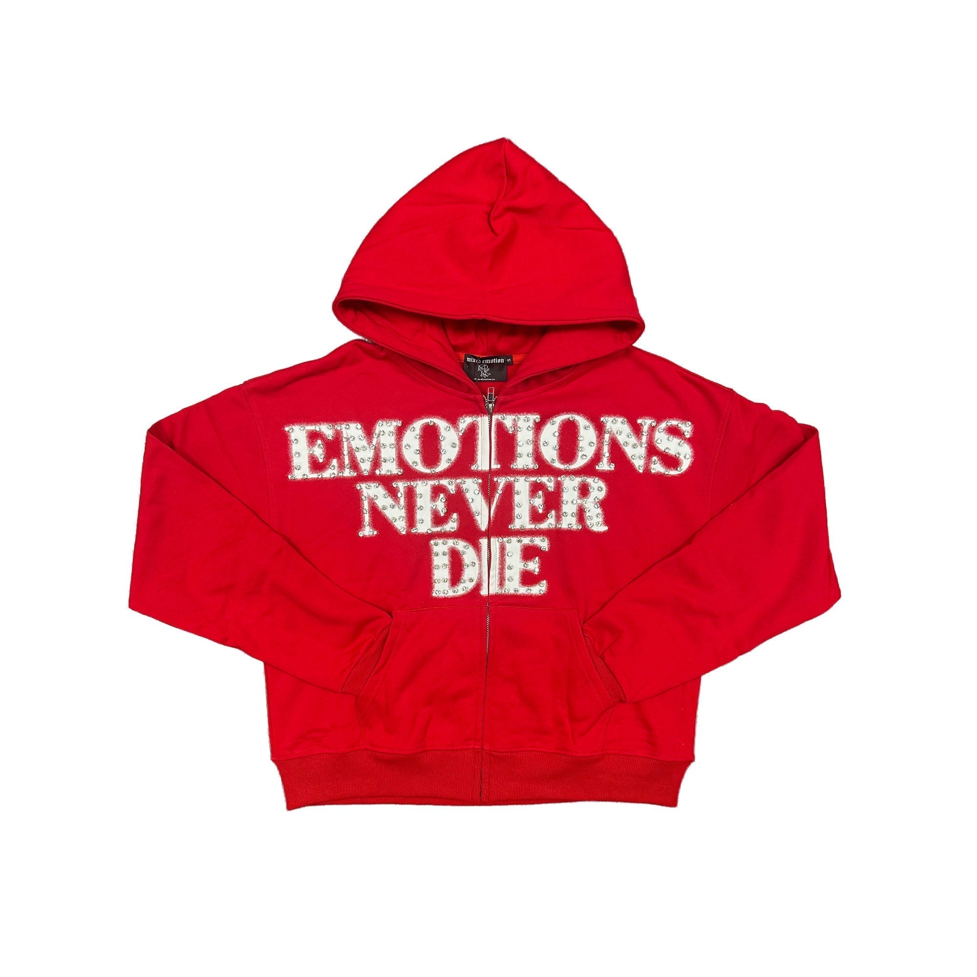 Mixed Emotion Red ‘End’ Rhinestone hoodie