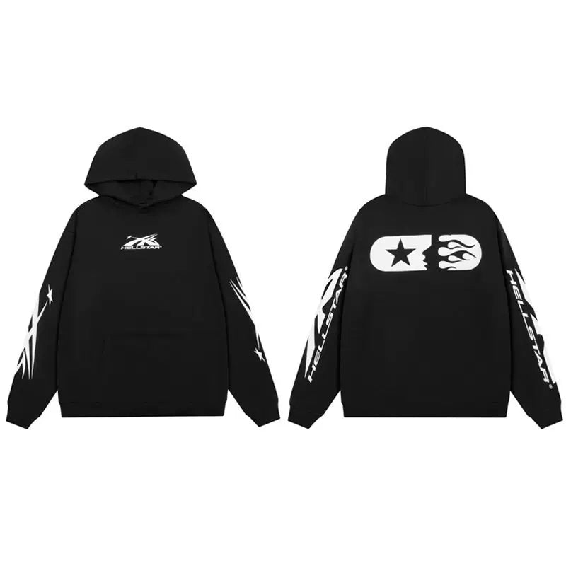 Hellstar Black Pullover Hoodie Contrast Split‑Logo Back Graphic Urban Street‑Wear Hooded Top