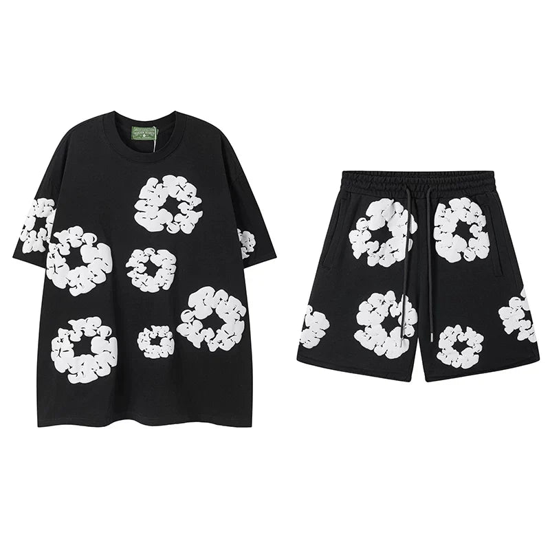 DENIM TEARS Kapok Foam Printed Stylish Casual Loose Men and Women Couple Short Sleeve T-shirt Casual Set (4)