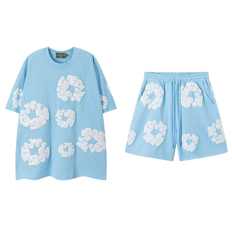 DENIM TEARS Kapok Foam Printed Stylish Casual Loose Men and Women Couple Short Sleeve T-shirt Casual Set (4)
