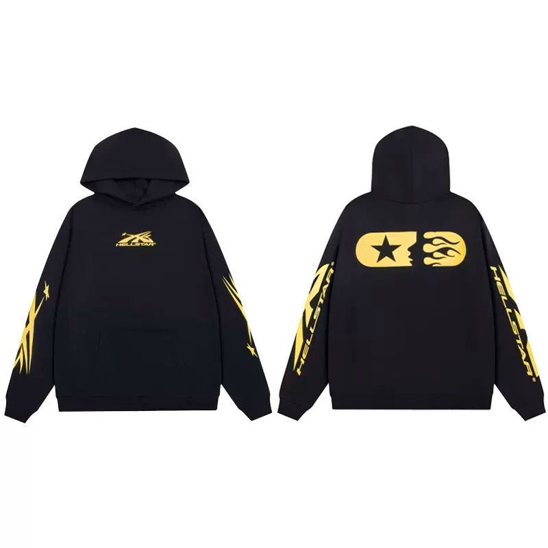 Hellstar Black Hoodie Gold‑Tone Split Star Back Graphic Trendy Hip‑Hop Pullover Hooded Sweatshirt