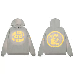 Hellstar Grey Pullover Hoodie No Guts No Glory Slogan Circular Icon Back Print Streetwear Hooded Top