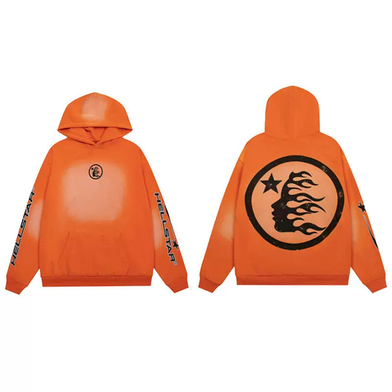 Hellstar Bright Orange Circular Face Logo Pullover Hoodie Trendy Streetwear Hooded Top