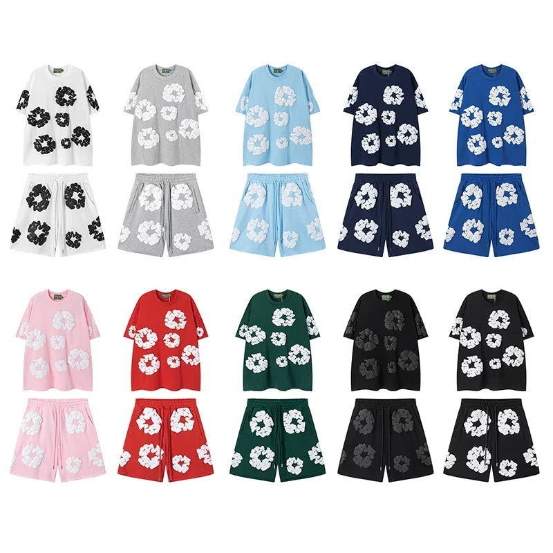 DENIM TEARS Kapok Foam Printed Stylish Casual Loose Men and Women Couple Short Sleeve T-shirt Casual Set (4)